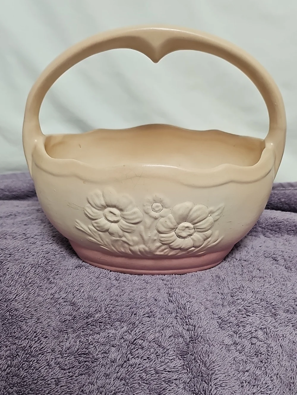 Vintage USA Hull Pottery Floral Basket Hombre Cream and Pink Basket/Planter